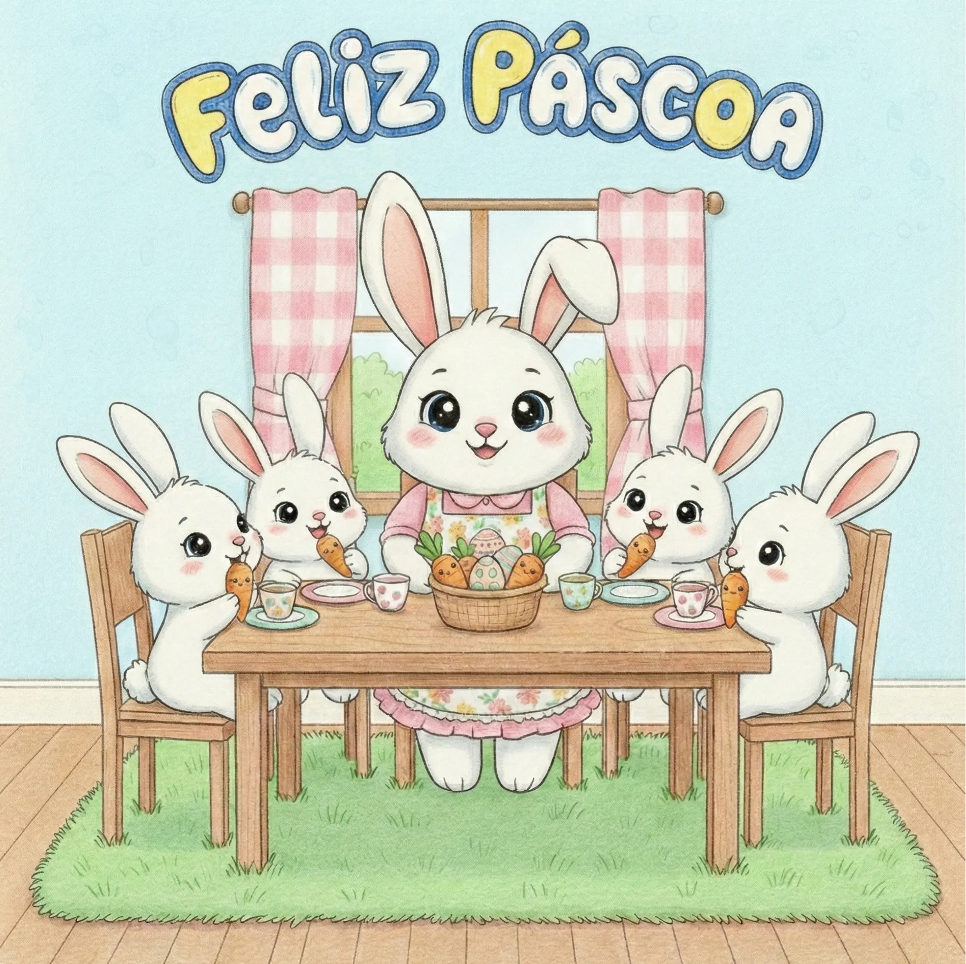 Painel de Páscoa Infantil “Feliz Páscoa” – Família de Coelhinhos (Arquivo em PDF – 9 folhas A4) 🌸